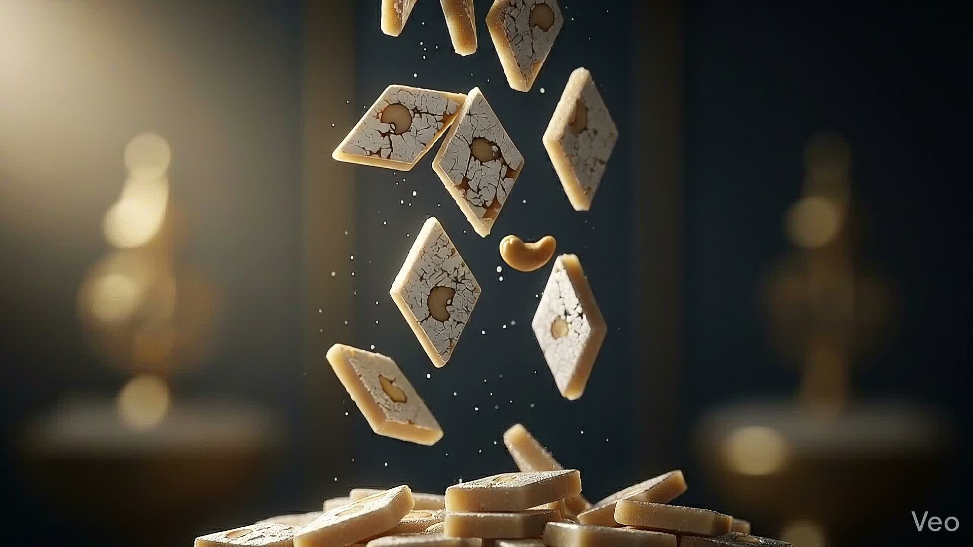 Silver-topped Kaju Katli suspended above a stack of traditional cashew sweets
